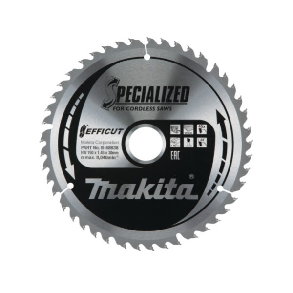 Makita B-68638, EFFICUT HM-Kreissägeblatt 190x1,45x30mm, 45 Zähne, Holz, für DHS782, DHS783, HS7611, HS7601, HS7101, HS004G, 5017RKB