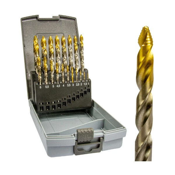 ABV HSS-GK TORNADO DRILL Spiralbohrersatz mit Stufenspitze, 19-teilig nach DIN338, 1-10,0mm, 0,5mm steigend, TIN-Kopfbeschichtung, geschliffene Ausführung  in Kunststoffkassette