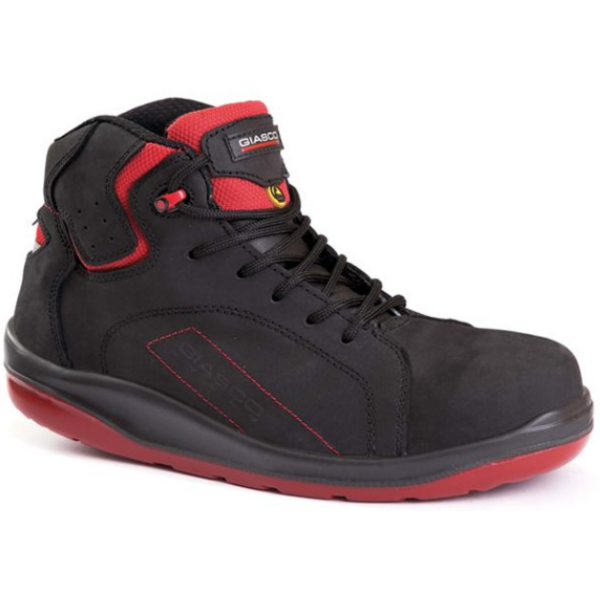 EOL GIASCO GYM S3 SRC ESD Sicherheitsschnürstiefel,  Gr. 43, Farbe: schwarz/rot, knöchelhoch, ERGO SAFE SOHLE, wasserabweisendes Nubuck Vollleder, komplett metallfrei