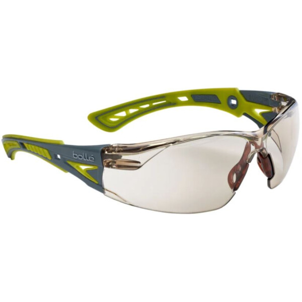 bollé SAFETY RUSH+ small Schutzbrille, randlos, grau/grün, Scheibe braun, EN166, rutschfester Nasensteg, Innen- und Außenbereich