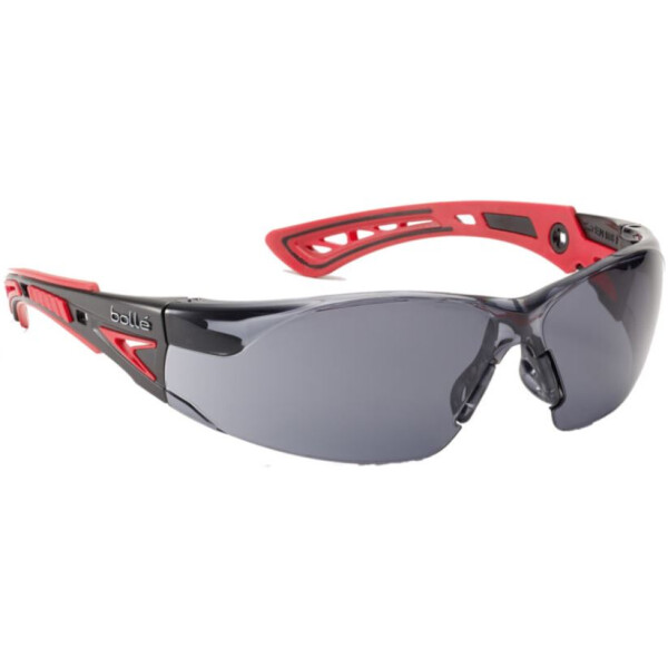 bollé SAFETY RUSHPCSP Schutzbrille, randlos, schwarz/rot, Scheibe grau, EN166, UVA/UVB-Filter, Innen- und Außenbereich