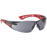 bollé SAFETY RUSHPCSP Schutzbrille, randlos, schwarz/rot, Scheibe grau, EN166, UVA/UVB-Filter, Innen- und Außenbereich