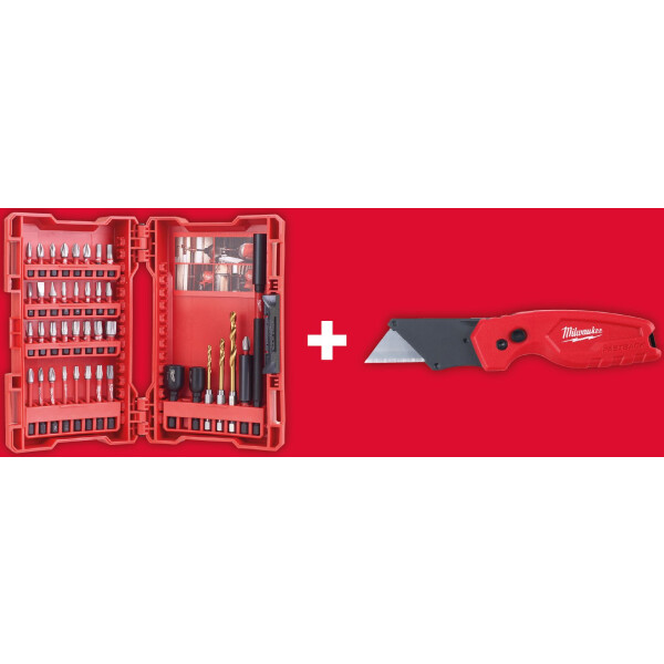 MILWAUKEE Shockwave Set 40-teilig, Bits PH, PZ, TX, Hex, Magnetbithalter, HEX Metallbohrer, Schlagnüsse, FASTBACK Kompakt-Klappmesser