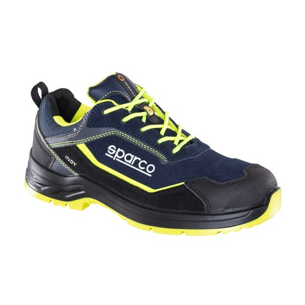 sparco Indy BALTIMORA S3 ESD Sicherheitshalbschuh, Größe 42, Farbe: dunkelblau-schwarz-grün, Weite 11, halbhoch, Nubukleder mit Puron Front- und Heckschutz, SR, öl- und benzinresistent, hitzebeständig bis 120°C