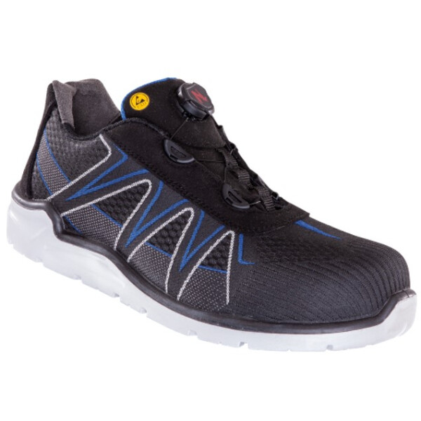 Santos S55 Blue-Fast S3 ESD Sicherheitshalbschuh, Gr. 44, Farbe: schwarz-blau, Weite 11,halbhoch, nahfreies Mover-Oberteil, extrem luftig, mit Schnellverschluss, selbstleuchtender Sicherheitsfaden, öl- und benzinresisten, SRC, hitzebeständig bis 140°C