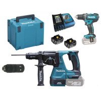 Makita Aktionsset bestehend aus Akkuschrauber DDF485Z (60Nm max.) + Akkukombihammer DHR243, 1x Akku 4Ah, 1x Akku 2Ah, Ladegerät, Makpac Gr. 4