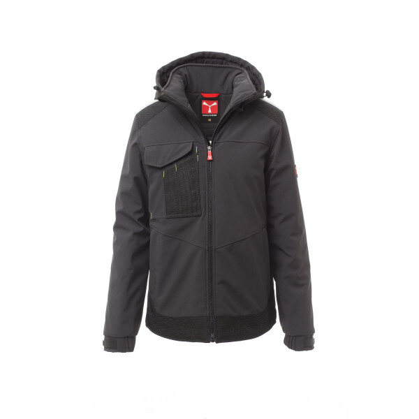 PAYPER PERFORMER PAD Softshell-Winterjacke, anthrazit/schwarz, Gr. L, verstärkte Schultern und Bund, Reflexband auf den Schultern, abnehmbare Kapuze mit Kordelzug, elastische Ärmelbündchen mit Klett, 95% Polyester, 5% Elastan