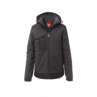 PAYPER PERFORMER PAD Softshell-Winterjacke, anthrazit/schwarz, Gr. L, verstärkte Schultern und Bund, Reflexband auf den Schultern, abnehmbare Kapuze mit Kordelzug, elastische Ärmelbündchen mit Klett, 95% Polyester, 5% Elastan