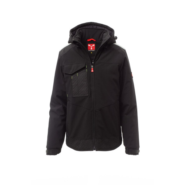 PAYPER PERFORMER PAD Softshell-Winterjacke, schwarz/schwarz, Gr. S, verstärkte Schultern und Bund, Reflexband auf den Schultern, abnehmbare Kapuze mit Kordelzug, elastische Ärmelbündchen mit Klett, 95% Polyester, 5% Elastan