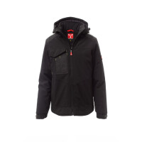 PAYPER PERFORMER PAD Softshell-Winterjacke, schwarz/schwarz, Gr. S, verstärkte Schultern und Bund, Reflexband auf den Schultern, abnehmbare Kapuze mit Kordelzug, elastische Ärmelbündchen mit Klett, 95% Polyester, 5% Elastan