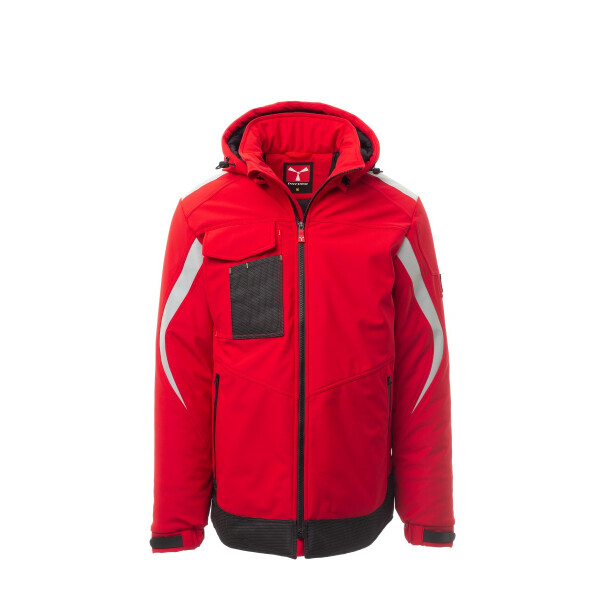 PAYPER WONDER PAD Softshell-Winterjacke, rot/schwarz, Gr. L, verstärkter Bund, Reflexband auf Schultern und Armen, abnehmbare Kapuze mit Kordelzug, elastische Ärmelbündchen mit Klett, 78% Nylon, 22% Elastan