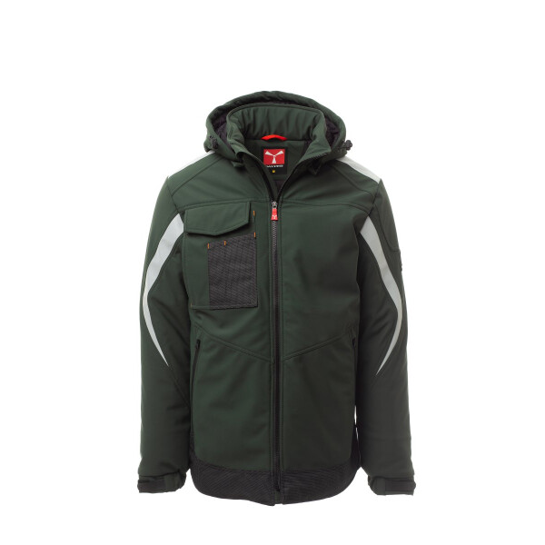 PAYPER WONDER PAD Softshell-Winterjacke, grün/schwarz, Gr. XL, verstärkter Bund, Reflexband auf Schultern und Armen, abnehmbare Kapuze mit Kordelzug, elastische Ärmelbündchen mit Klett, 78% Nylon, 22% Elastan