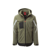 PAYPER WONDER PAD Softshell-Winterjacke, militärgrün/schwarz, Gr. M, verstärkter Bund, Reflexband auf Schultern und Armen, abnehmbare Kapuze mit Kordelzug, elastische Ärmelbündchen mit Klett, 78% Nylon, 22% Elastan