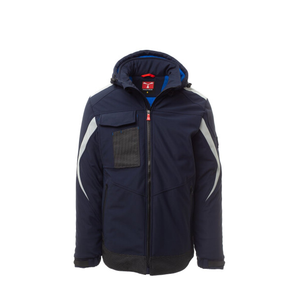 PAYPER WONDER PAD Softshell-Winterjacke, marineblau/königsblau, Gr. M, verstärkter Bund, Reflexband auf Schultern und Armen, abnehmbare Kapuze mit Kordelzug, elastische Ärmelbündchen mit Klett, 78% Nylon, 22% Elastan