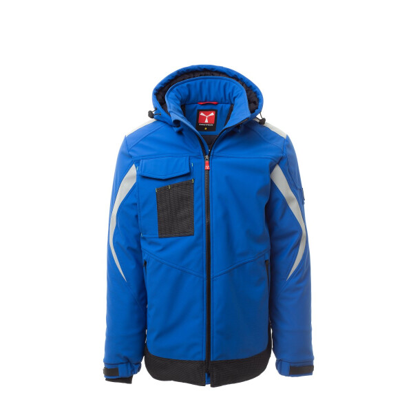 PAYPER WONDER PAD Softshell-Winterjacke, königsblau/marineblau, Gr. XL, verstärkter Bund, Reflexband auf Schultern und Armen, abnehmbare Kapuze mit Kordelzug, elastische Ärmelbündchen mit Klett, 78% Nylon, 22% Elastan