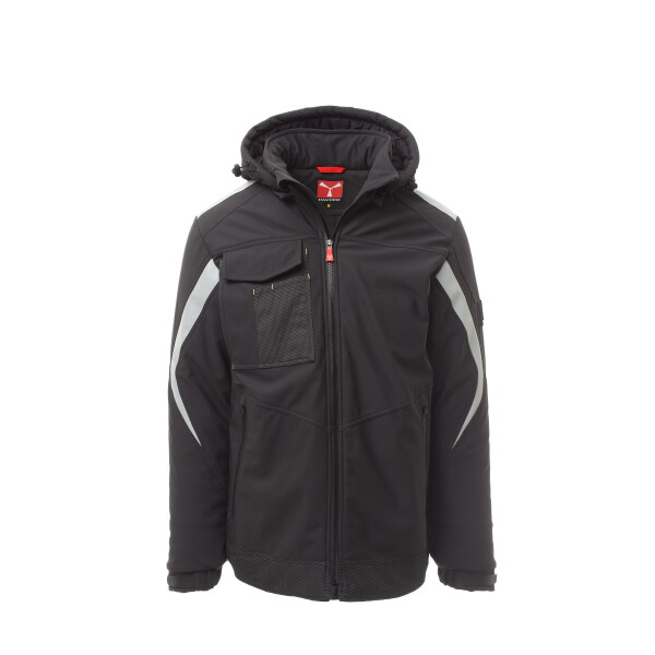 PAYPER WONDER PAD Softshell-Winterjacke, anthrazit/schwarz, Gr. S, verstärkter Bund, Reflexband auf Schultern und Armen, abnehmbare Kapuze mit Kordelzug, elastische Ärmelbündchen mit Klett, 78% Nylon, 22% Elastan