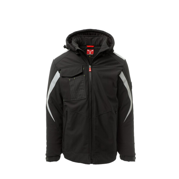 PAYPER WONDER PAD Softshell-Winterjacke, schwarz/schwarz, Gr. L, verstärkter Bund, Reflexband auf Schultern und Armen, abnehmbare Kapuze mit Kordelzug, elastische Ärmelbündchen mit Klett, 78% Nylon, 22% Elastan