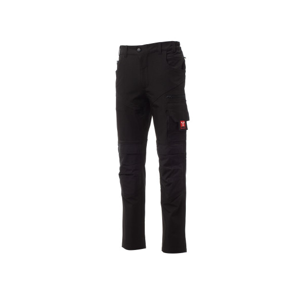 PAYPER NEXT 4W Arbeitshose, schwarz, Gr. 50, ganzjährige 4-Wege-Stretch-Unisex-Hose mit seitlichem Gummizug, Kniepolstertasche, 90% Nylon, 10% Elastan, 260g/m²