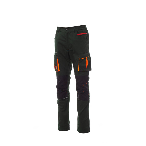 PAYPER NEXT 400 Arbeitshose, grün/schwarz, Gr. 52, ganzjährige Stretch-Unisex-Hose mit seitlichem Gummizug, Kniepolstertasche, 50% Polyester, 30% Baumwolle, 20% Elastan,280g/m²