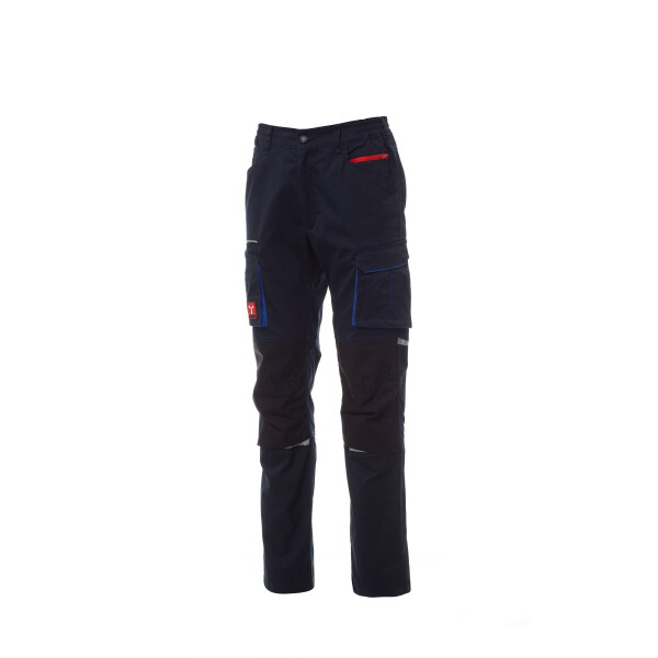 PAYPER NEXT 400 Arbeitshose, marineblau/schwarz, Gr. 50, ganzjährige Stretch-Unisex-Hose mit seitlichem Gummizug, Kniepolstertasche, 50% Polyester, 30% Baumwolle, 20% Elastan,280g/m²