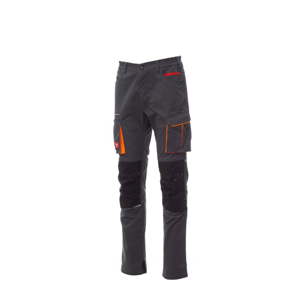 PAYPER NEXT 400 Arbeitshose, rauchgrau/schwarz, Gr. 52, ganzjährige Stretch-Unisex-Hose mit seitlichem Gummizug, Kniepolstertasche, 50% Polyester, 30% Baumwolle, 20% Elastan,280g/m²