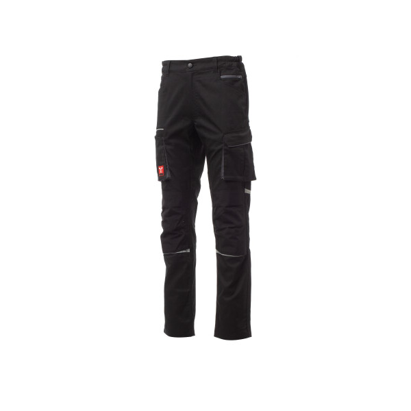 PAYPER NEXT 400 Arbeitshose, schwarz, Gr. 48, ganzjährige Stretch-Unisex-Hose mit seitlichem Gummizug, Kniepolstertasche, 50% Polyester, 30% Baumwolle, 20% Elastan,280g/m²