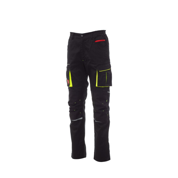 PAYPER NEXT 400 Arbeitshose, schwarz/schwarz, Gr. 46, ganzjährige Stretch-Unisex-Hose mit seitlichem Gummizug, Kniepolstertasche, 50% Polyester, 30% Baumwolle, 20% Elastan,280g/m²