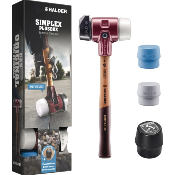 Simplex Schonhammer Starterkit D.60mm, Holzstiel m.Flaschenöffner und 2 zusätzlichen Einsätzen TPE-soft,TPE-mid