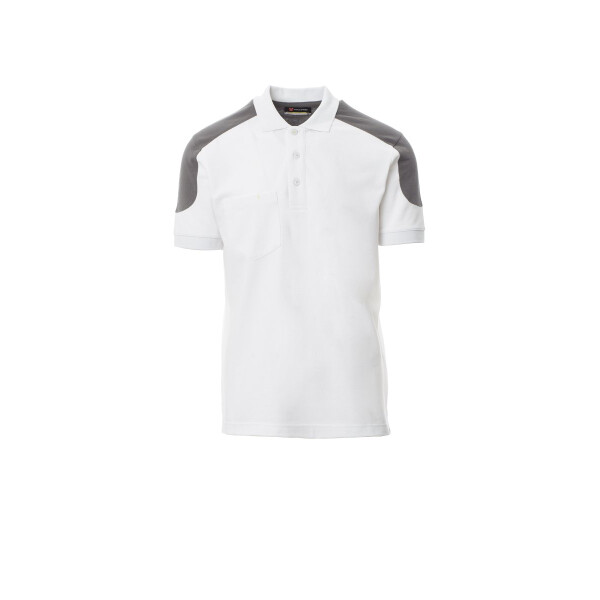 PAYPER COMPANY Poloshirt zweifarbig, bianco/smoke, Gr. L, 3-Knopfleiste, Brusttasche mit Stiftehalter, Nackenband, 60% Baumwolle, 40% Polyester, 230g/m²