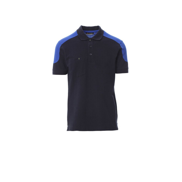 PAYPER COMPANY Poloshirt zweifarbig, marineblau/königsblau, Gr. L, 3-Knopfleiste, Brusttasche mit Stiftehalter, Nackenband, 60% Baumwolle, 40% Polyester, 230g/m²