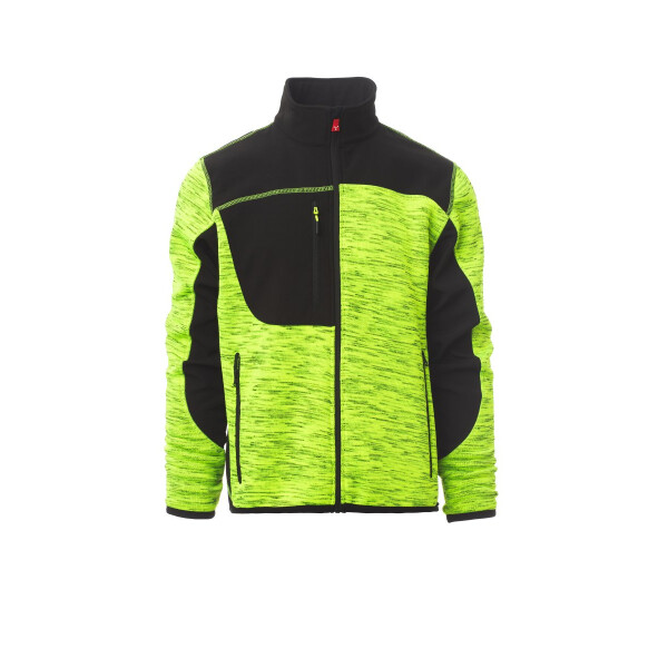 PAYPER TRAVEL Strickjacke mit Softshell-Einsätzen, fluogelb/schwarz, Gr. L, Besätze an Saum und Bündchen, versiegelter Reißverschluss, 100% Polyester, 380g/m²