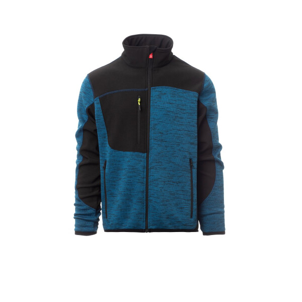 PAYPER TRAVEL Strickjacke mit Softshell-Einsätzen, blau meliert/schwarz, Gr. L, Besätze an Saum und Bündchen, versiegelter Reißverschluss, 100% Polyester, 380g/m²