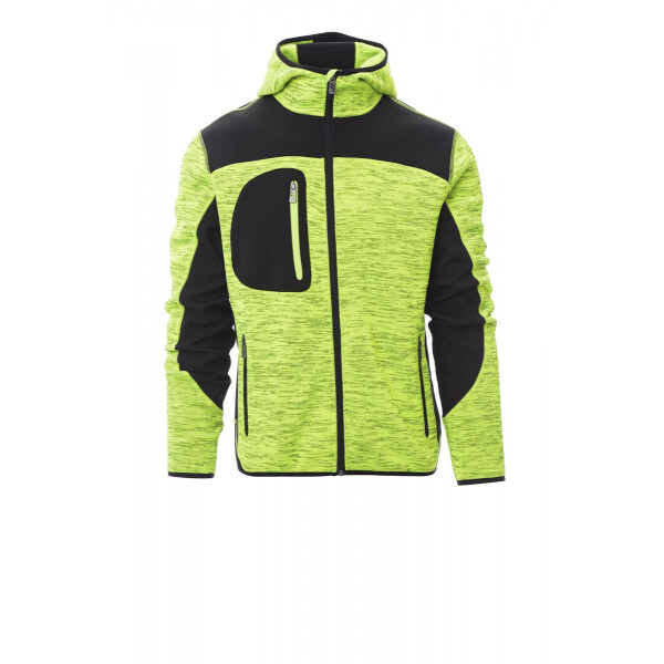 PAYPER TRIP Strickjacke mit Softshell-Einsätzen und Kapuze, fluogelb/schwarz, Gr. XL, Besätze an Saum und Bündchen, versiegelter Reißverschluss, 100% Polyester, 380g/m²