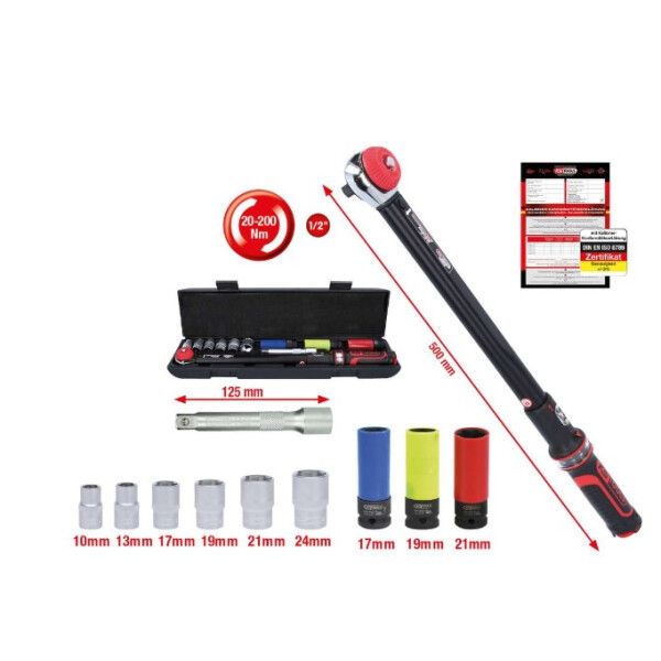 KS Tools Drehmomentenschlüssel-Satz 11-Teilig, mit Drehmomentschlüssel Ergotorque, 1/2", 20 - 200Nm, mit Pilzkopf, isolierte Kraftstecknüsse 17/19/21mm, Verlängerung 125mm, Stecknüsse 10/13/17/19/21/24mm im Kunststoffkoffer, Art.Nr. 516.2400