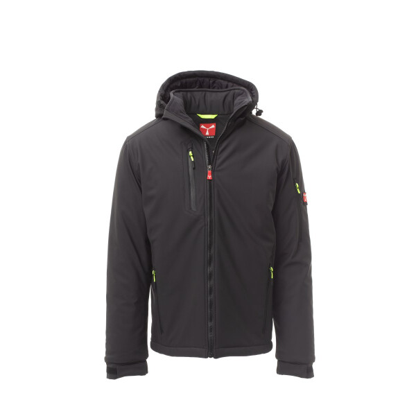 PAYPER CREEK PAD Softshell-Winterjacke, anthrazit/schwarz, Gr. L, Kragen mit Fleece-Einsätzen, abnehmbare Kapuze mit Kordelzug, elastische Ärmelbündchen mit Klett, 78 % Nylon + 22 % Elastan, 320g/m²
