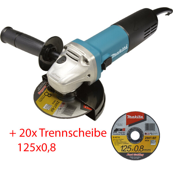 Makita Winkelschleifer 9558 NBRZ, 125mm, 840 Watt mit 20 Trennscheiben