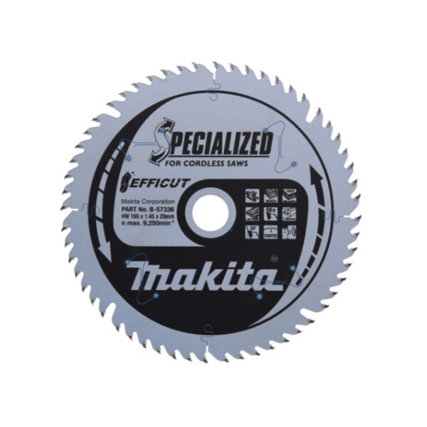 Makita B-57336, EFFICUT HM-Kreissägeblatt 165x1,45x20mm, 56 Zähne, Holz/Laminat/MDF/Kunststoff, für DHS630, DHS660, DHS661, DHS680, HS012G, HS6601, SP6000, DSP600, DSP601, HS6101, DLS600