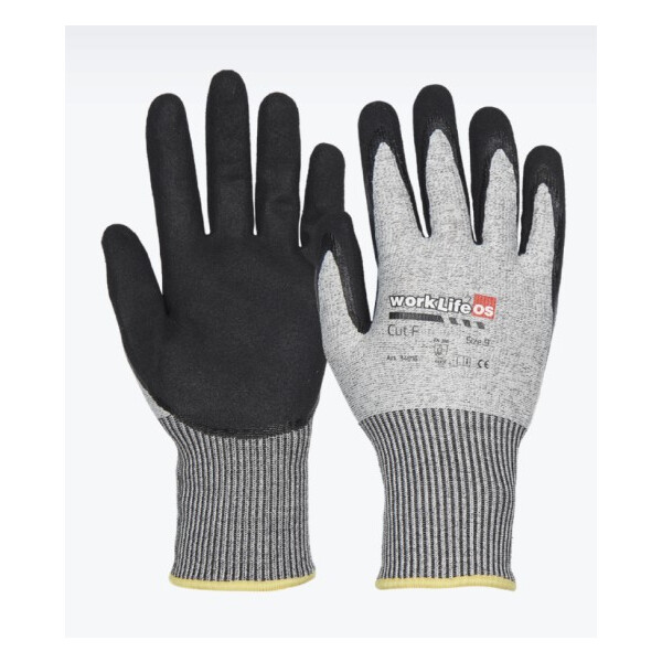 OS Worklife Cut F Schnittschutzhandschuhe, Größe 11, Norm EN338, Kennziffer 4X43F, höchste Schnittschutzstufe F, Feinstrick nahtlos, teilbeschichtet mit mit gerauter Nitril foam Beschichtung