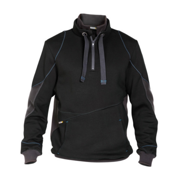 DASSY Stellar, Farbe 6744 SCHWARZ/ANTHRAZITGRAU, Größe L, Sweatshirt mit Reißverschluss und Kinnschutz, Cordura Ellenbogen-Patches, Känguru-Tasche und Kordelzug, 80% Baumwolle/20% Polyester, 290 g/m²