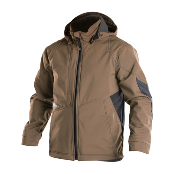 DASSY Gravity, Farbe 6541 LEHMBRAUN/ANTHRAZITGRAU, Größe L, Softshell-Jacke winddicht, wasserdicht, atmungsaktiv, Cordura Ellbogen-Patches, abnehmbare Kapuze mit Kordelzug, Fleece-Innenfutter, 100% Polyester, 280 g/m²